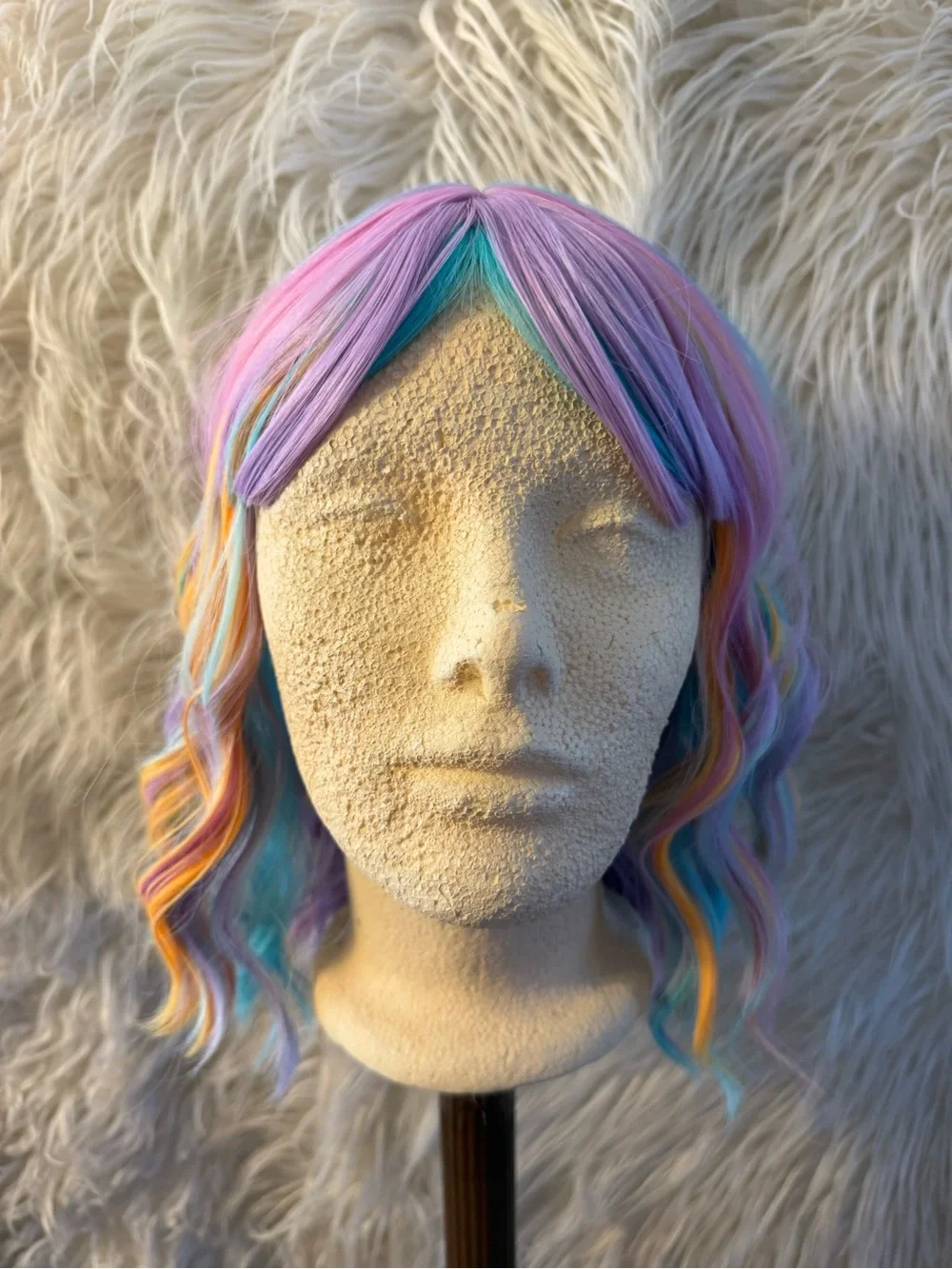 Pastel Rainbow Short Wavy Wig with Bangs - Multicolor